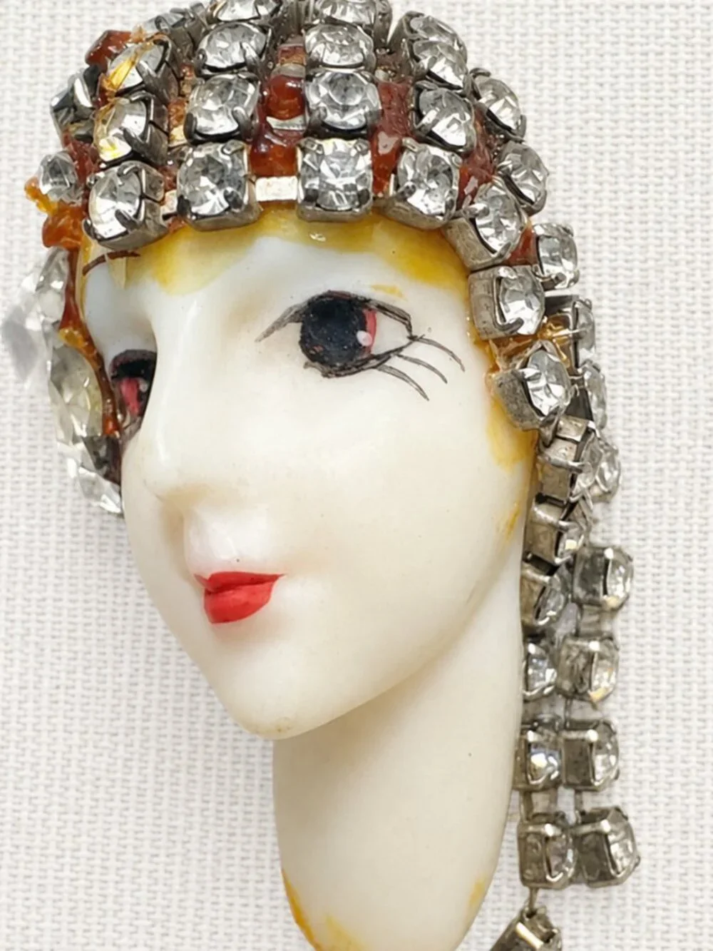 Vintage Celluloid Flapper Lady Head Rhinestone Brooch Pin